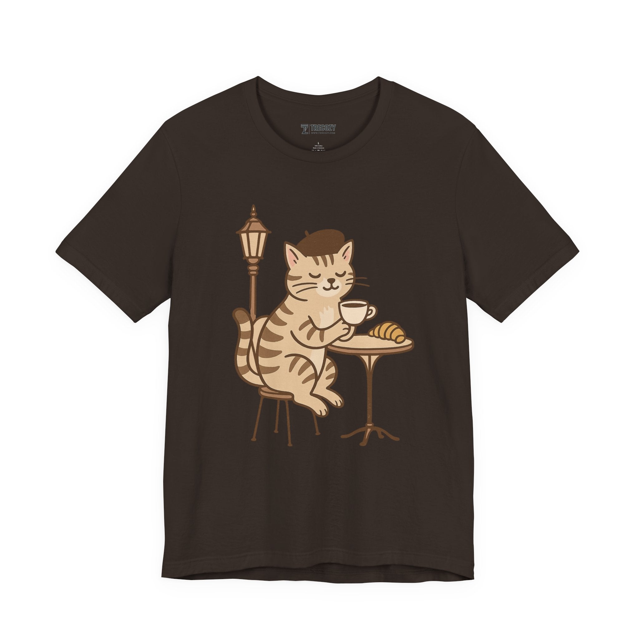 Cat Drinking Coffee Tee, Cozy Cat Lover Shirt, Gift for Pet Owners, Cute Animal Top, Cat with Croissant, Cat with Food, Travelling Cat