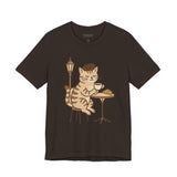 Cat Drinking Coffee Tee, Cozy Cat Lover Shirt, Gift for Pet Owners, Cute Animal Top, Cat with Croissant, Cat with Food, Travelling Cat
