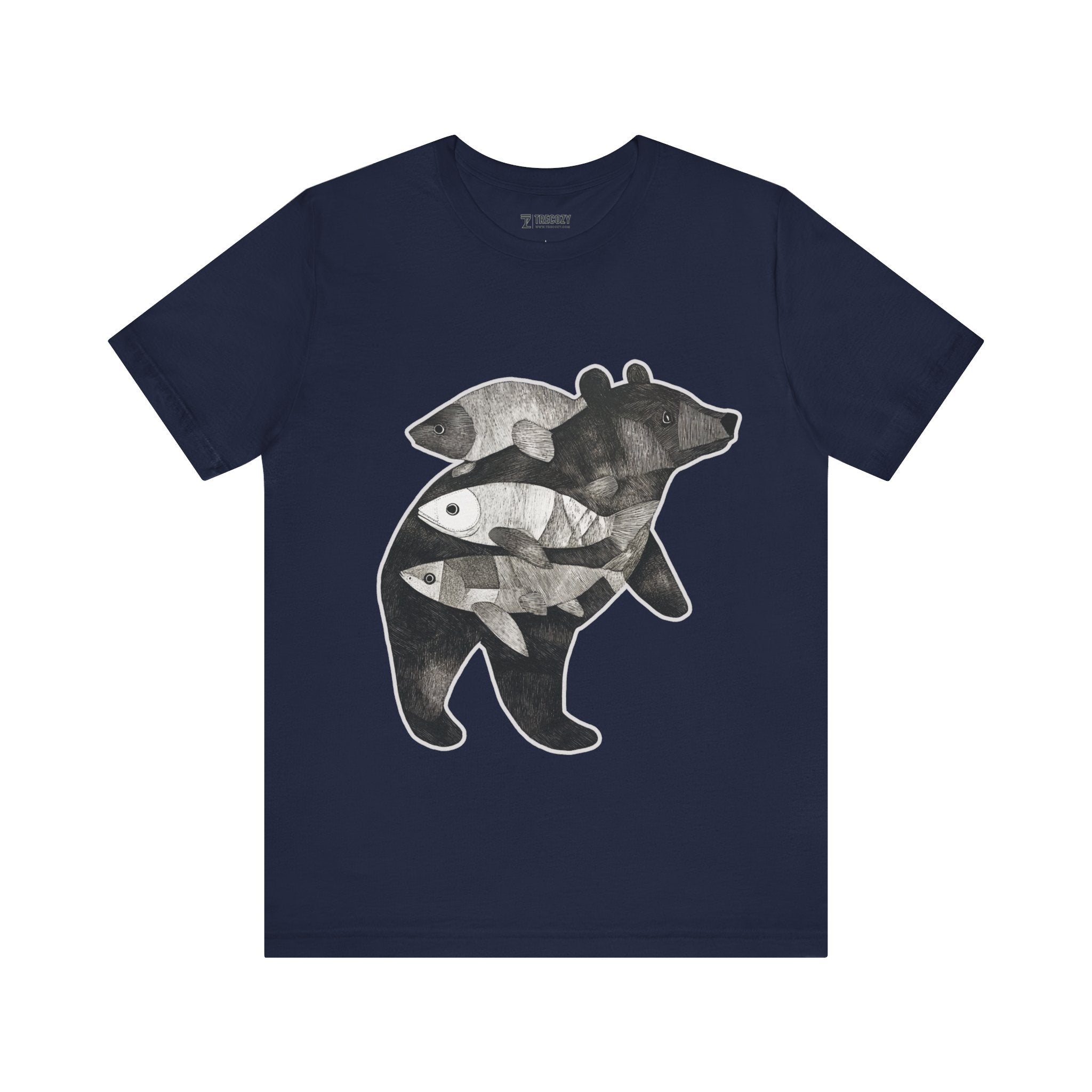 Bear & Fish – Nature T-Shirt, Artisan Wildlife Graphic Tee, Bear Graphic T-Shirt, Wildlife Lover Shirt