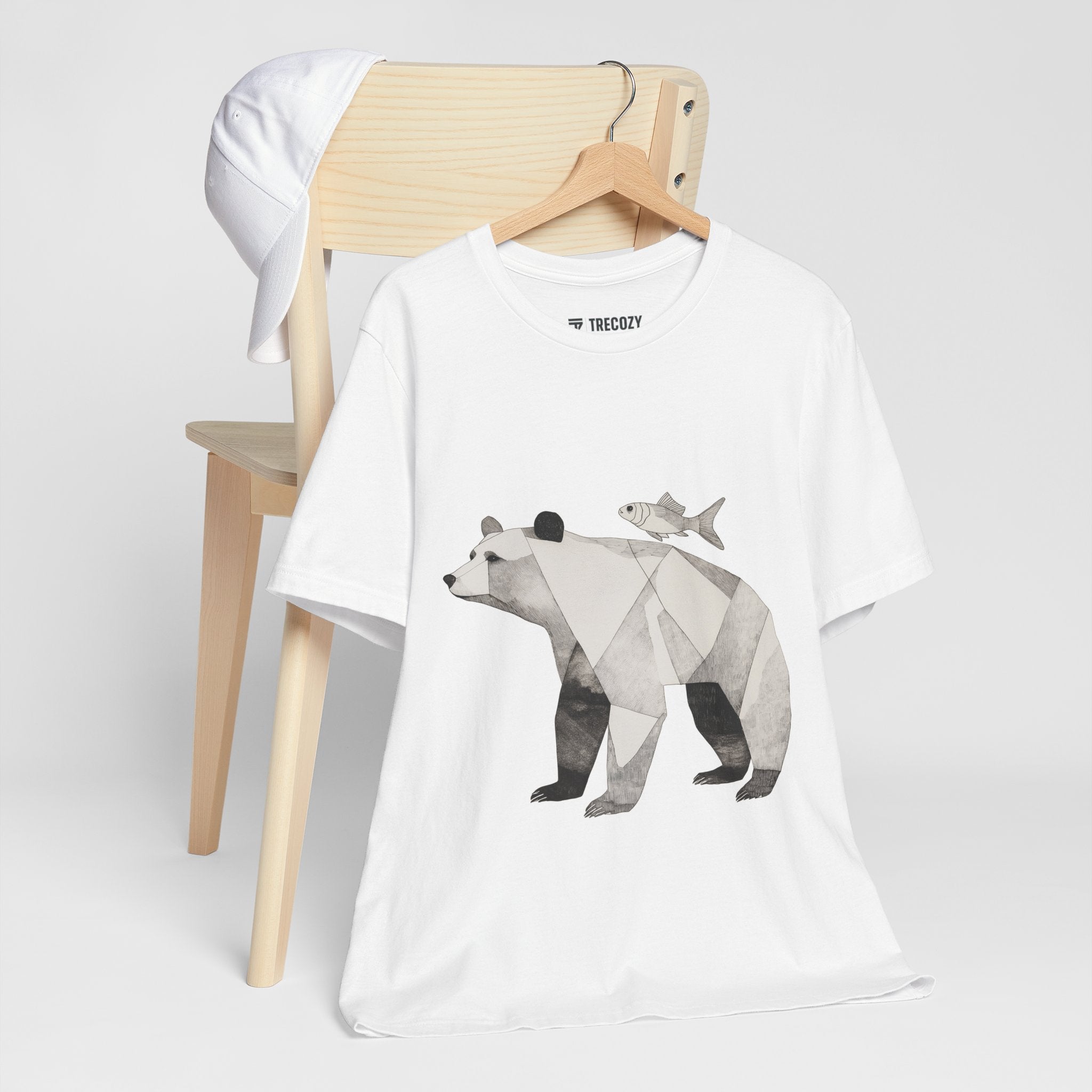 Geometric Bear & Fish – Hand-Drawn Abstract Wildlife T-Shirt, Modern Nature Graphic Tee, Wildlife Graphic Tee