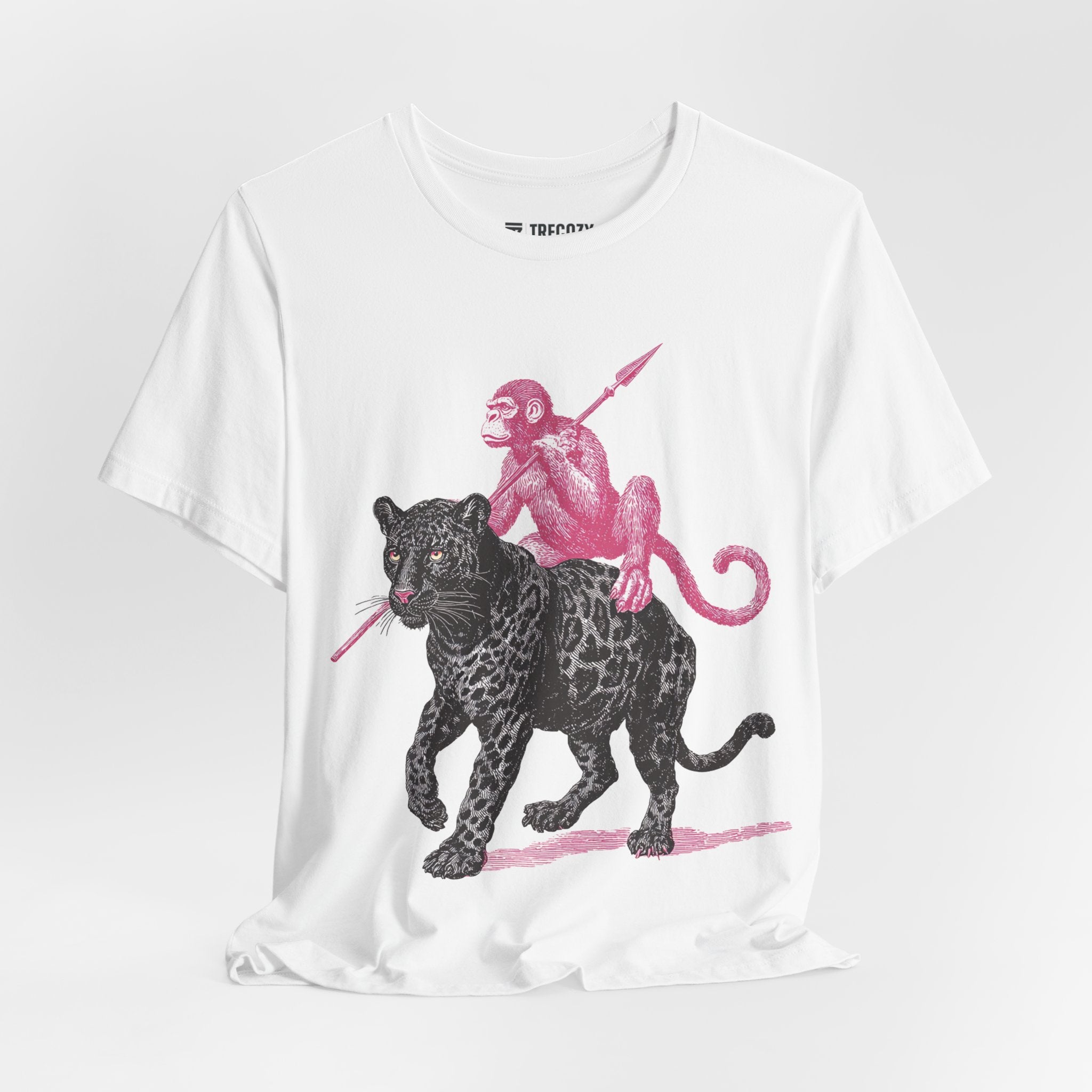 Warrior Monkey & Panther – Bold Tribal-Inspired T-Shirt, Fierce Jungle Duo Graphic Tee, Bold Animal Print Shirt
