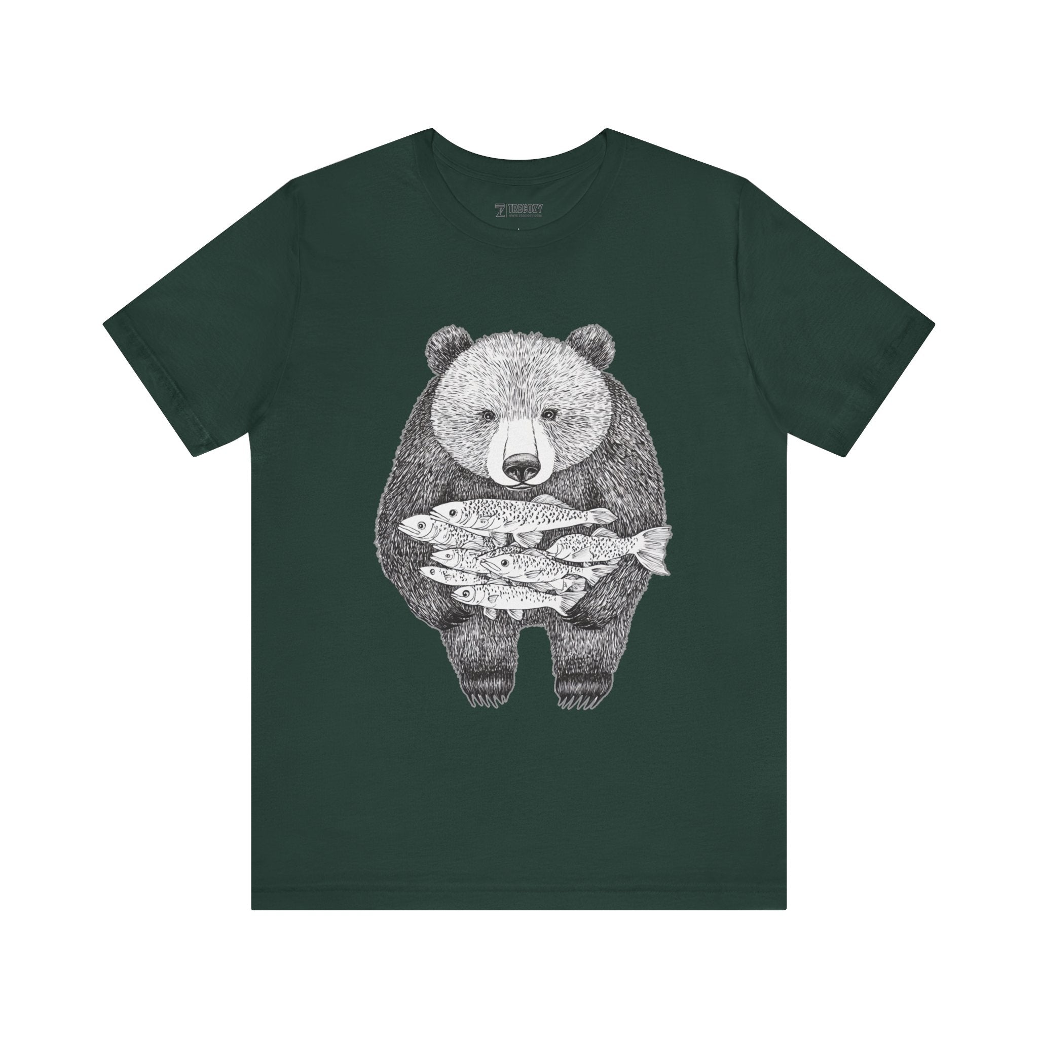 Bear with Fish Catch – Hand-Drawn Wildlife T-Shirt, Rustic Nature Graphic Tee, Artisan Wildlife Graphic Tee