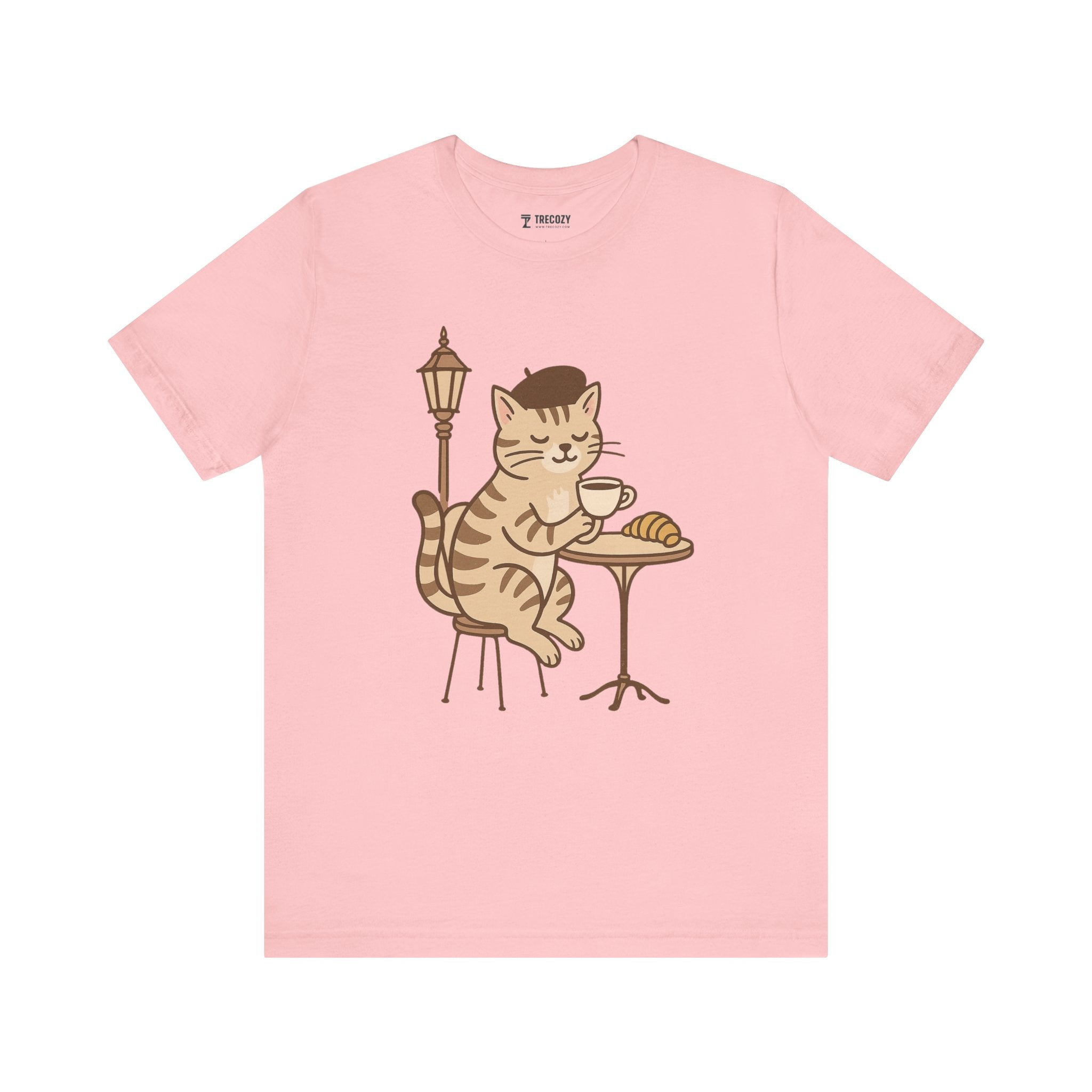 Cat Drinking Coffee Tee, Cozy Cat Lover Shirt, Gift for Pet Owners, Cute Animal Top, Cat with Croissant, Cat with Food, Travelling Cat