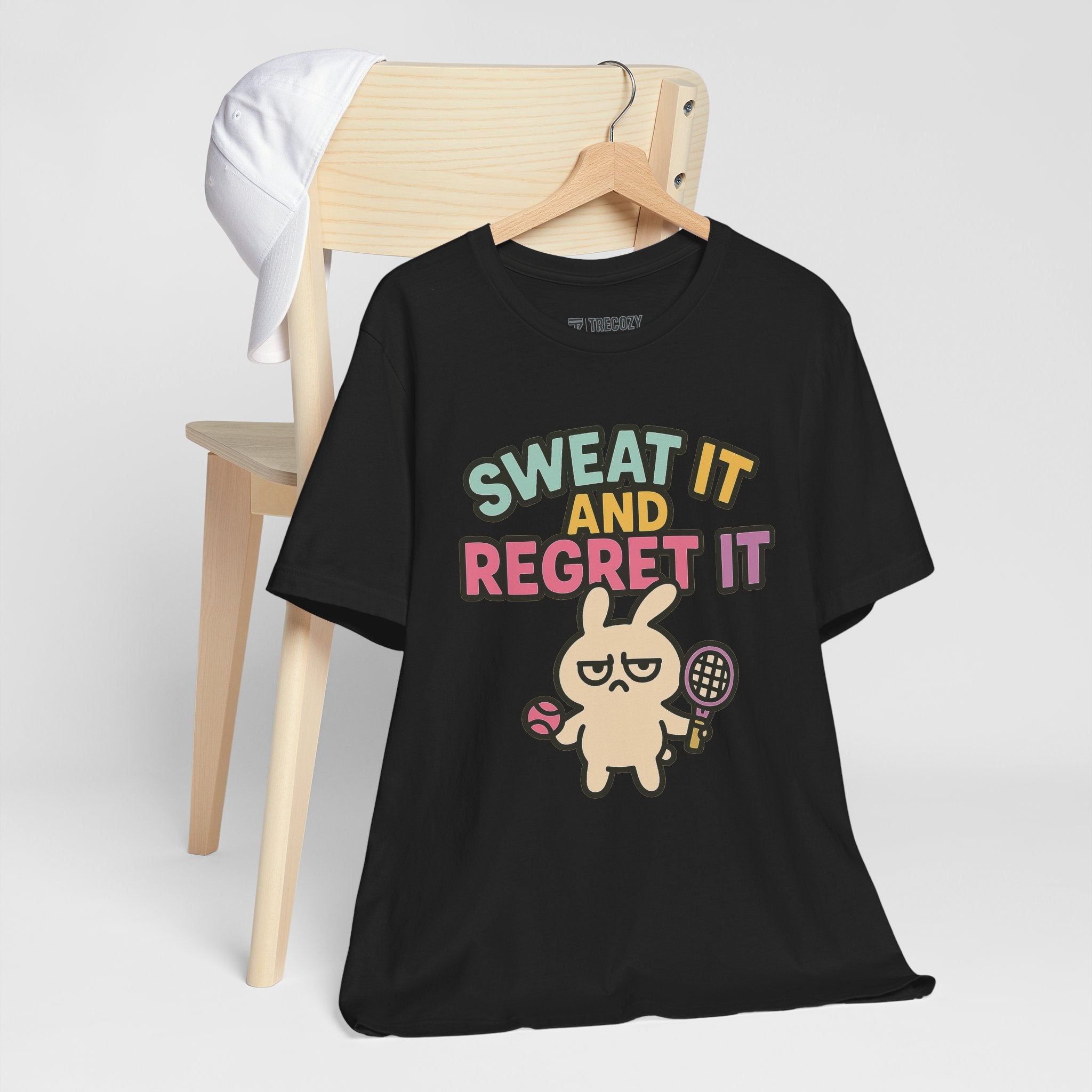 Sweat It and Regret It – Funny Sports Bunny T-Shirt, Quirky Cartoon Tennis Graphic Tee