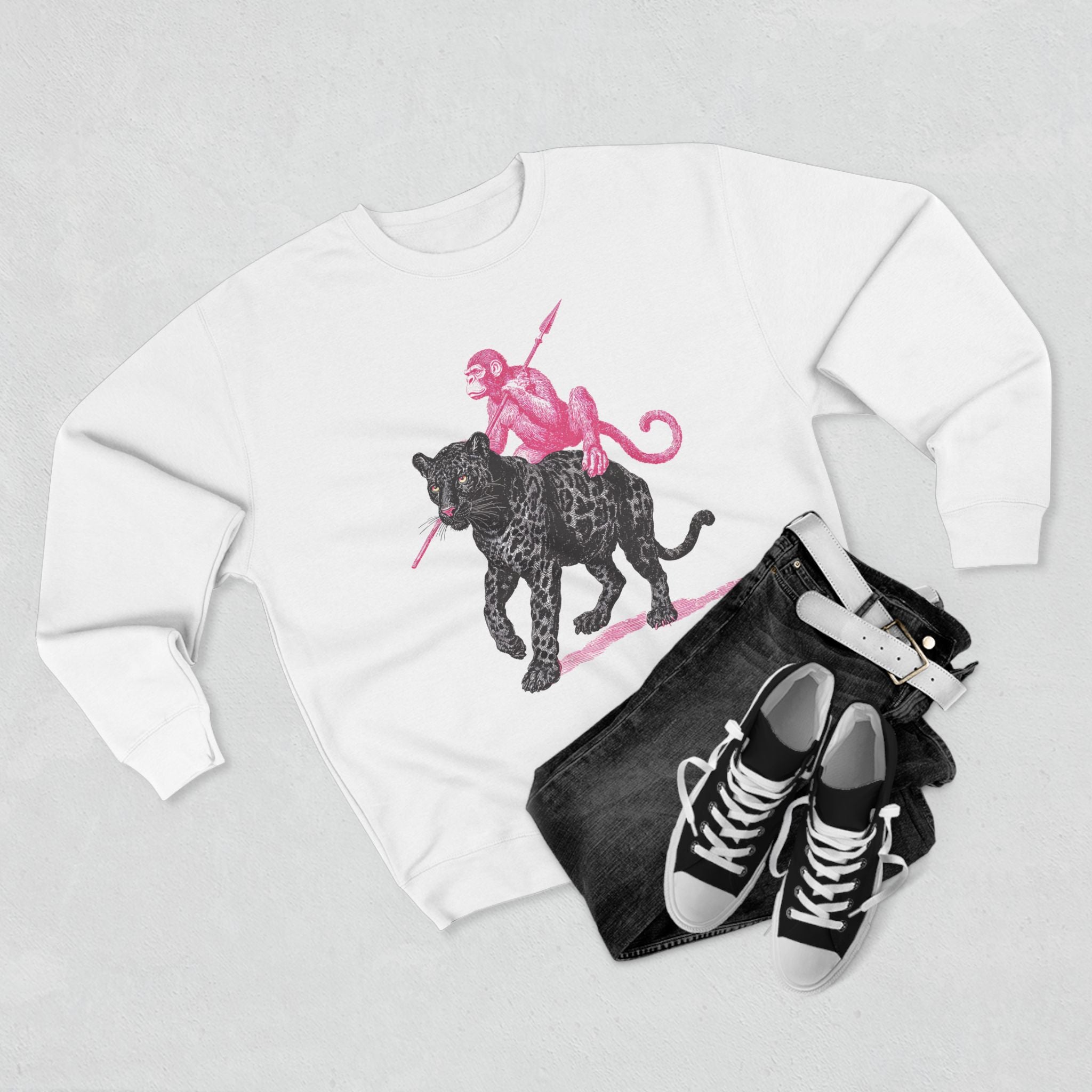 Leopard and Monkey Crewneck Sweatshirt, Cozy Sweatshirt, Nature Lover Gift, Animal Sweatshirt, Casual Wear, Unisex Fashion
