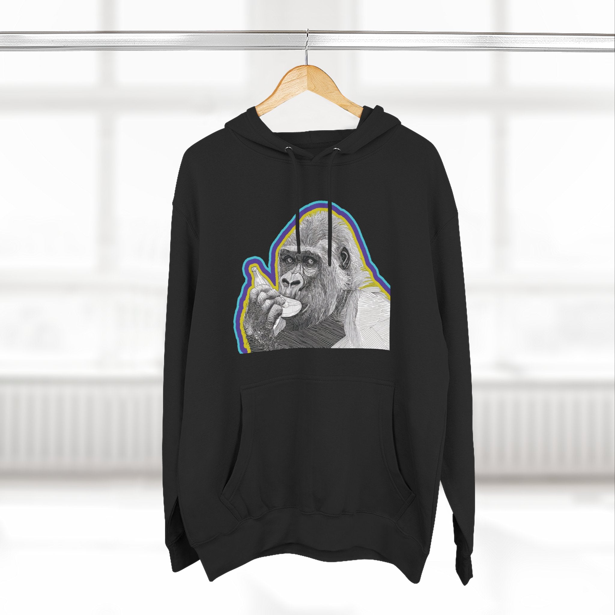 Psychedelic Gorilla Hoodie – Hand-Drawn Banana Graphic, Bold Neon Urban Streetwear, Perfect for Gifts, Lounging, Nature Lovers