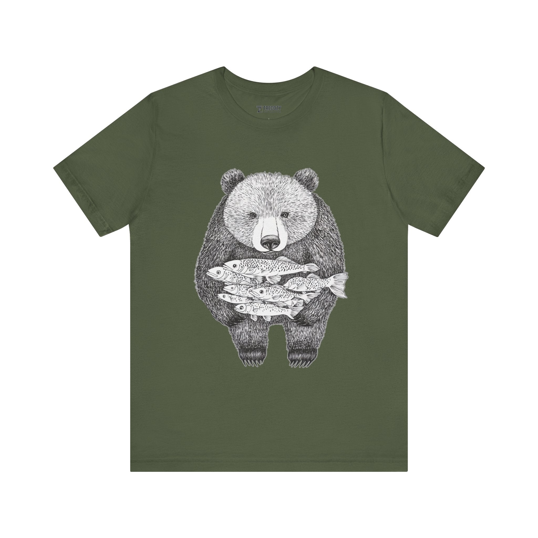 Bear with Fish Catch – Hand-Drawn Wildlife T-Shirt, Rustic Nature Graphic Tee, Artisan Wildlife Graphic Tee
