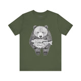 Bear with Fish Catch – Hand-Drawn Wildlife T-Shirt, Rustic Nature Graphic Tee, Artisan Wildlife Graphic Tee