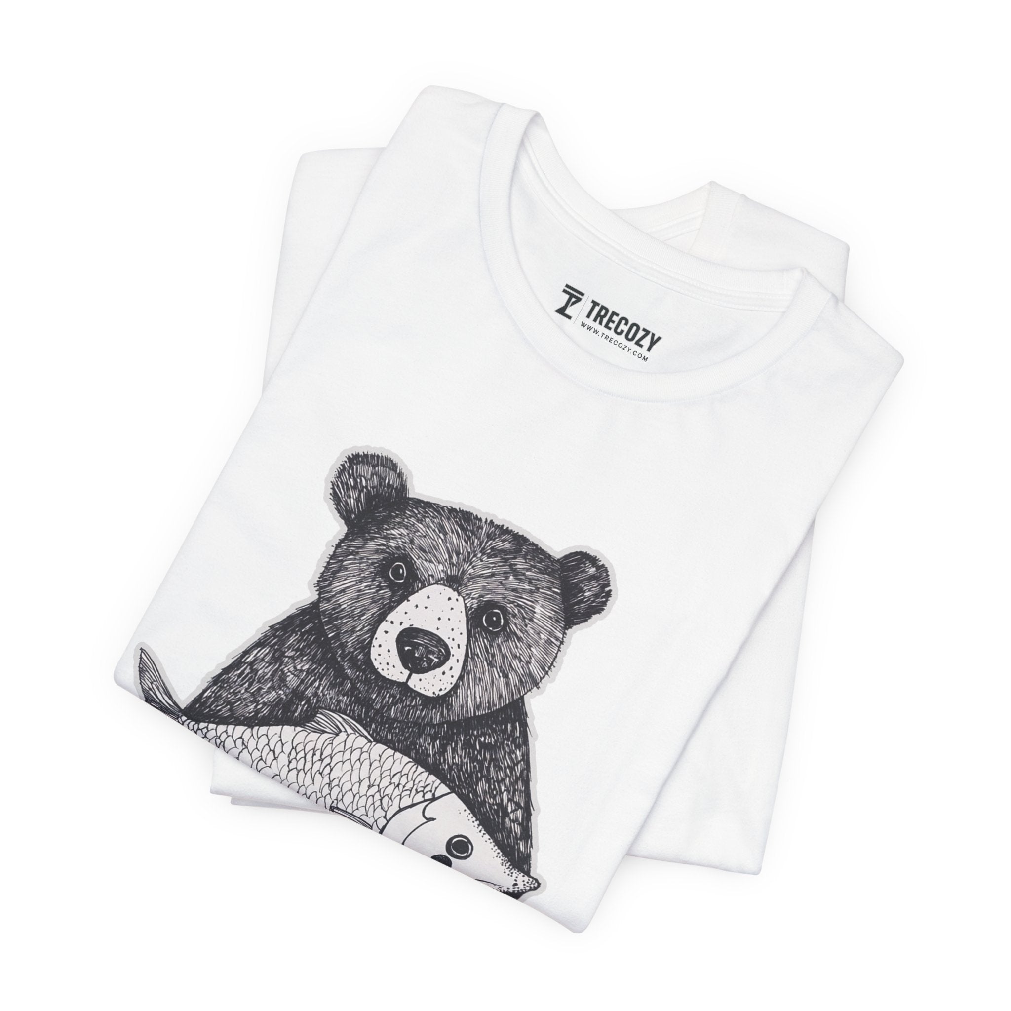 Bear with Fish – Woodland Animal T-Shirt, Nature-Inspired Graphic Tee
