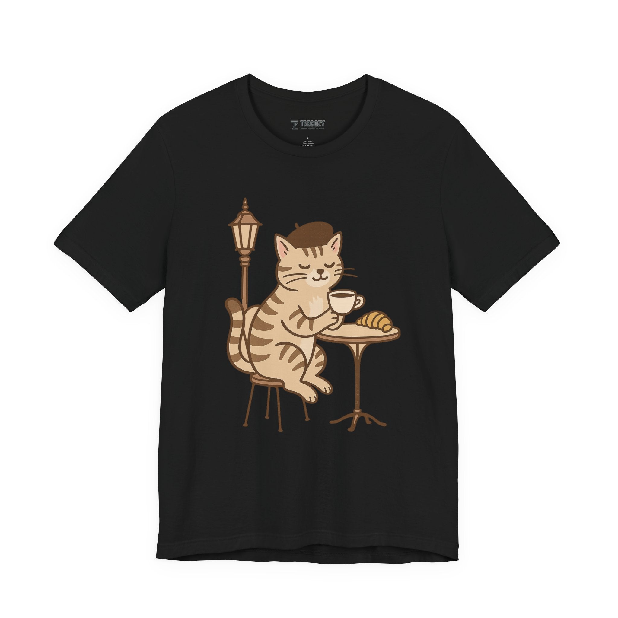 Cat Drinking Coffee Tee, Cozy Cat Lover Shirt, Gift for Pet Owners, Cute Animal Top, Cat with Croissant, Cat with Food, Travelling Cat