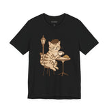 Cat Drinking Coffee Tee, Cozy Cat Lover Shirt, Gift for Pet Owners, Cute Animal Top, Cat with Croissant, Cat with Food, Travelling Cat