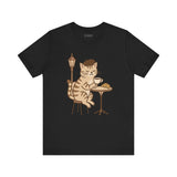 Cat Drinking Coffee Tee, Cozy Cat Lover Shirt, Gift for Pet Owners, Cute Animal Top, Cat with Croissant, Cat with Food, Travelling Cat