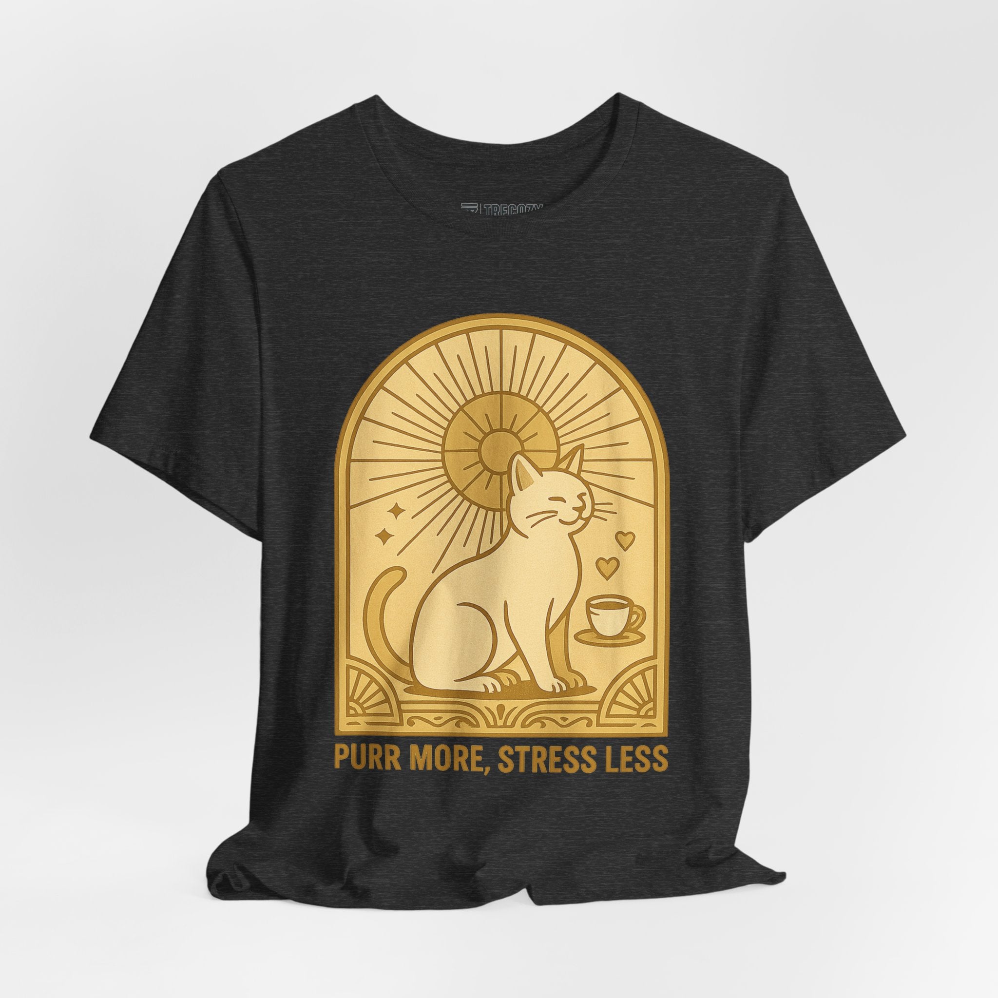 Purr More Stress Less Cat Tee, Cozy Cat Lover Shirt, Gift for Pet Owners, Cute Animal Top, Cat with Coffee