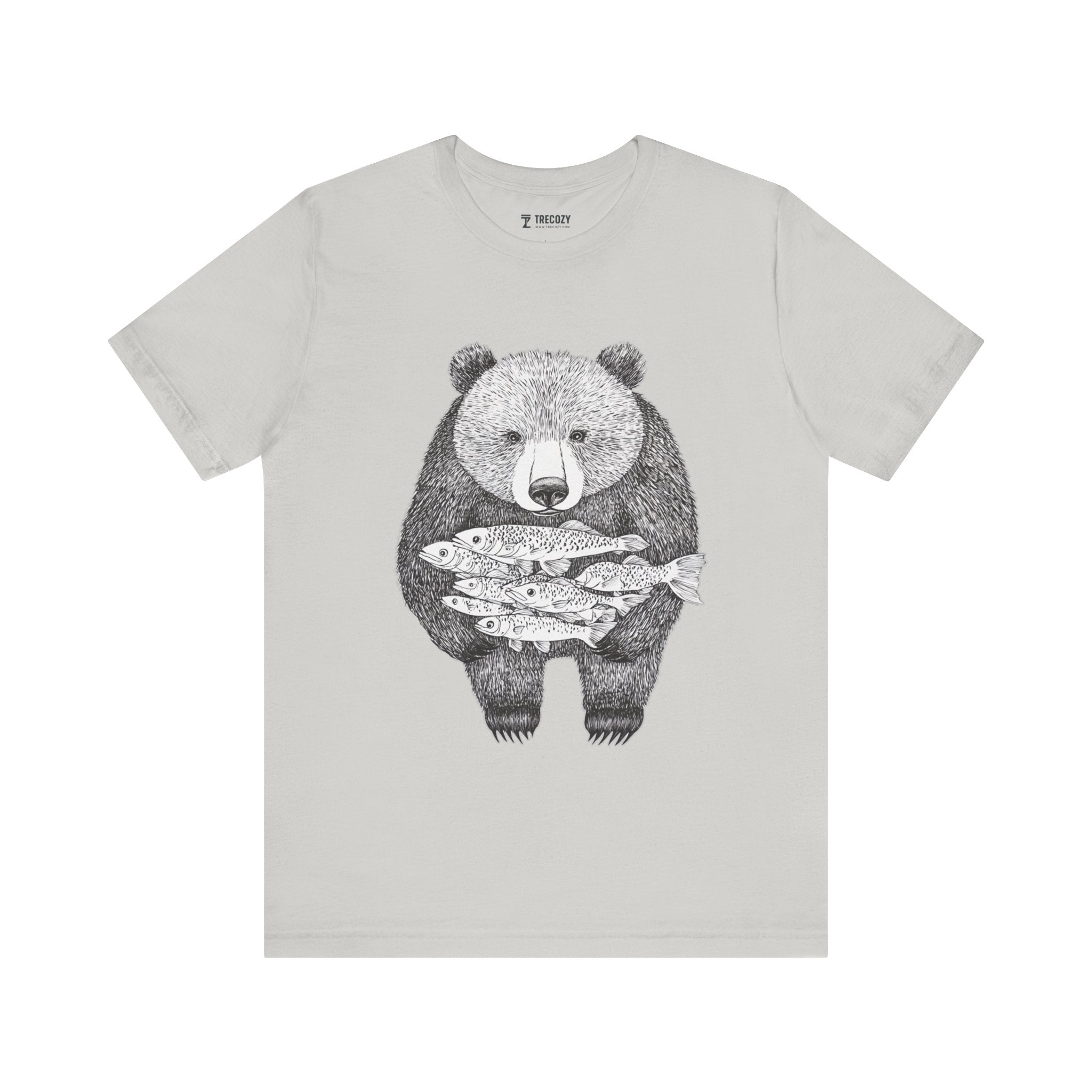 Bear with Fish Catch – Hand-Drawn Wildlife T-Shirt, Rustic Nature Graphic Tee, Artisan Wildlife Graphic Tee