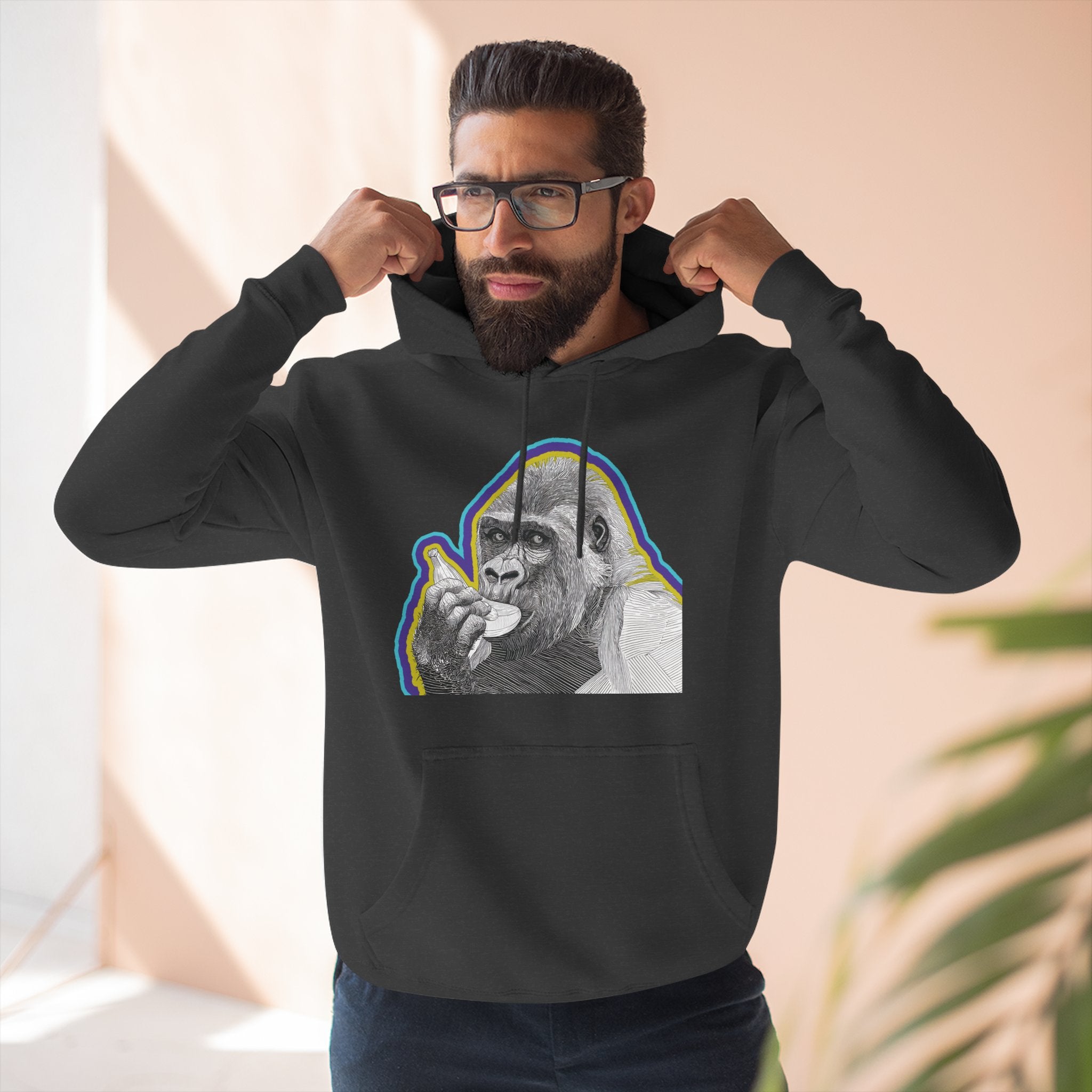 Psychedelic Gorilla Hoodie – Hand-Drawn Banana Graphic, Bold Neon Urban Streetwear, Perfect for Gifts, Lounging, Nature Lovers