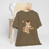 Cat Drinking Coffee Tee, Cozy Cat Lover Shirt, Gift for Pet Owners, Cute Animal Top, Cat with Croissant, Cat with Food, Travelling Cat