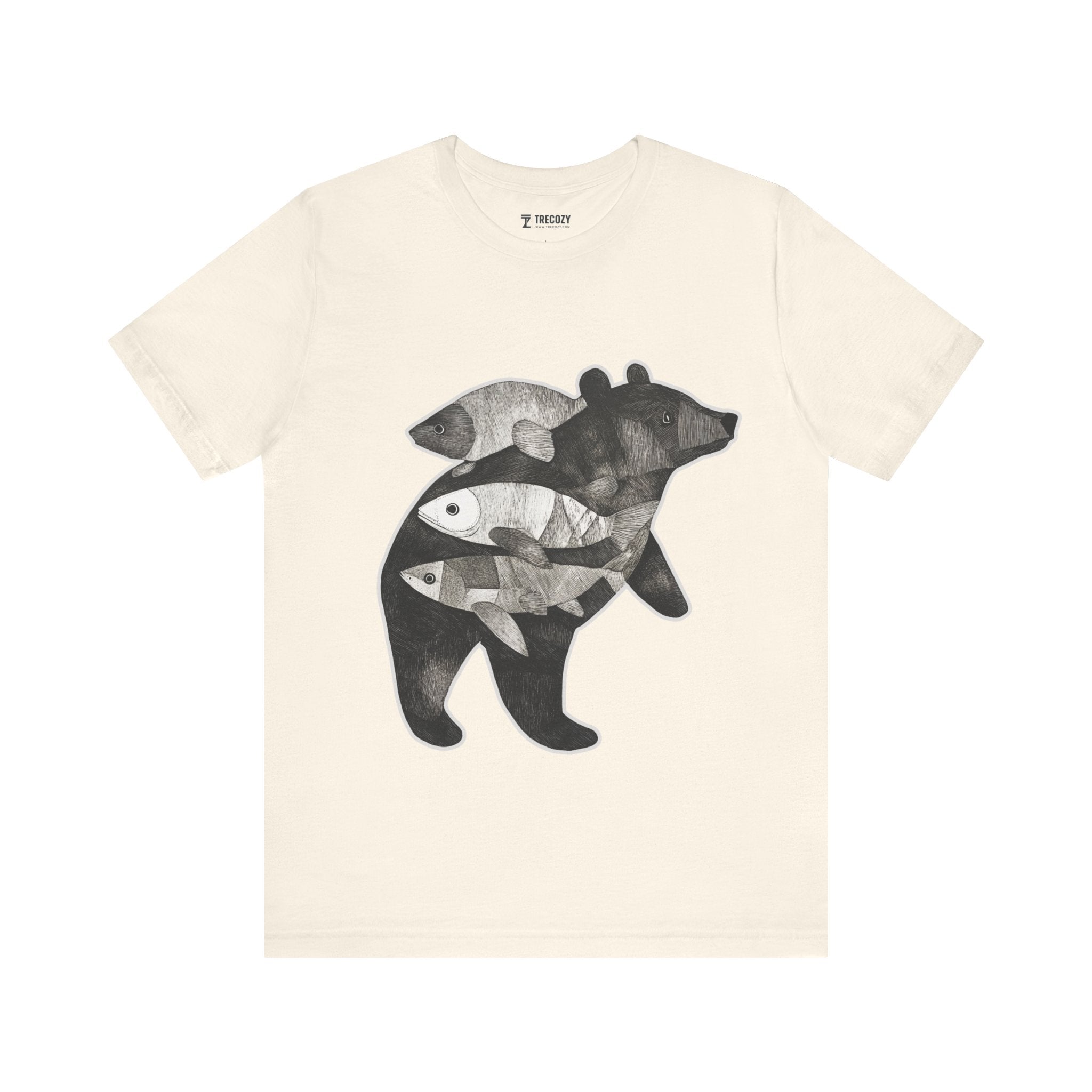Bear & Fish – Nature T-Shirt, Artisan Wildlife Graphic Tee, Bear Graphic T-Shirt, Wildlife Lover Shirt
