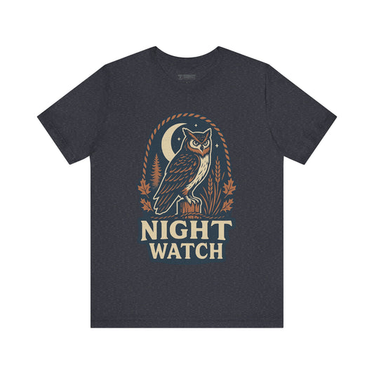Night Watch Unisex Tee – Vintage Graphic Owl T-Shirt for Outdoorsy Souls, Perfect Gift for Adventurers, Casual Wear, or Travel