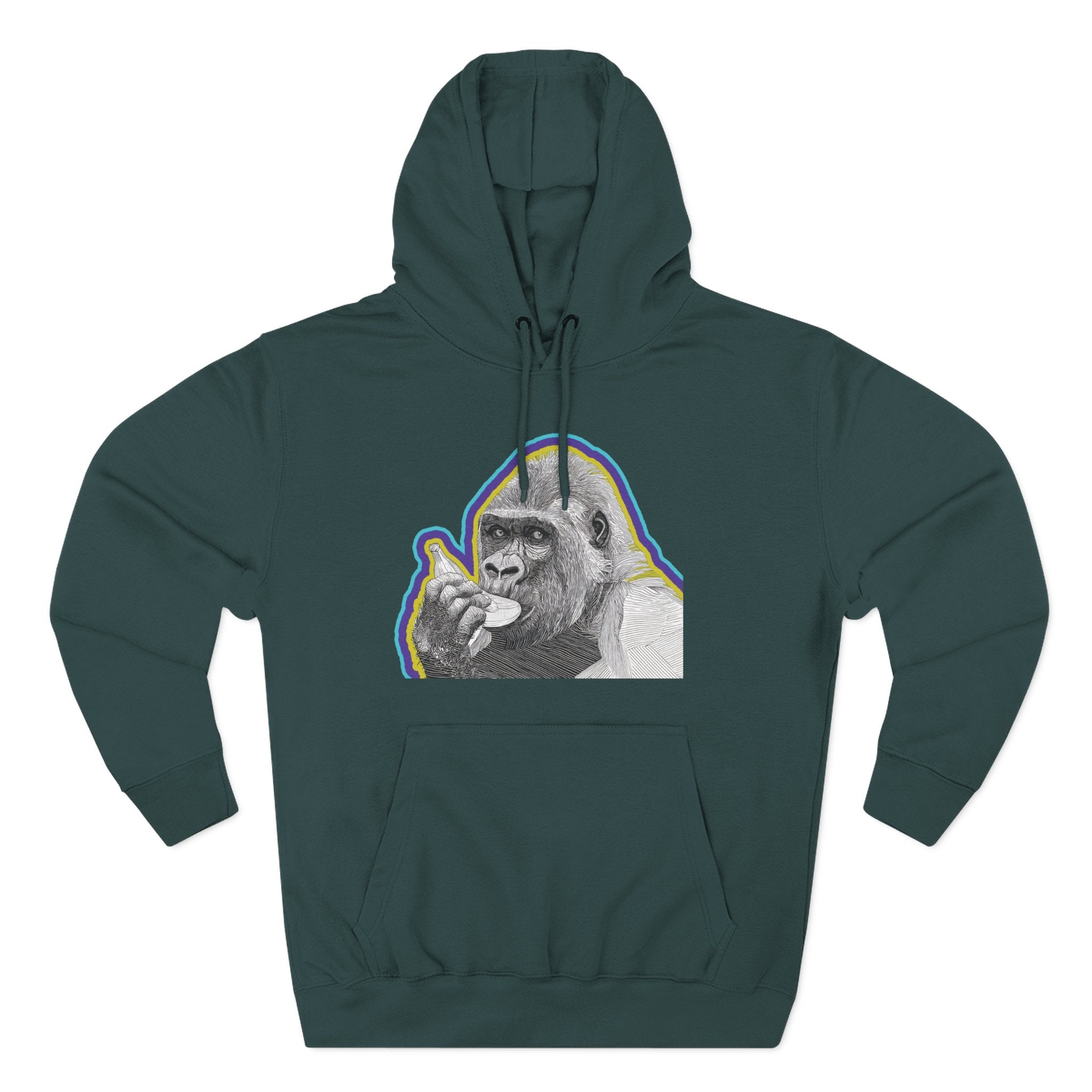 Psychedelic Gorilla Hoodie – Hand-Drawn Banana Graphic, Bold Neon Urban Streetwear, Perfect for Gifts, Lounging, Nature Lovers