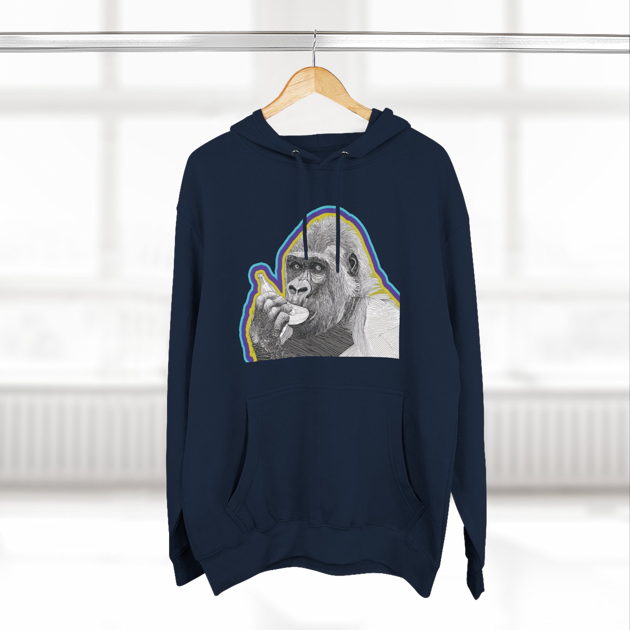 Psychedelic Gorilla Hoodie – Hand-Drawn Banana Graphic, Bold Neon Urban Streetwear, Perfect for Gifts, Lounging, Nature Lovers