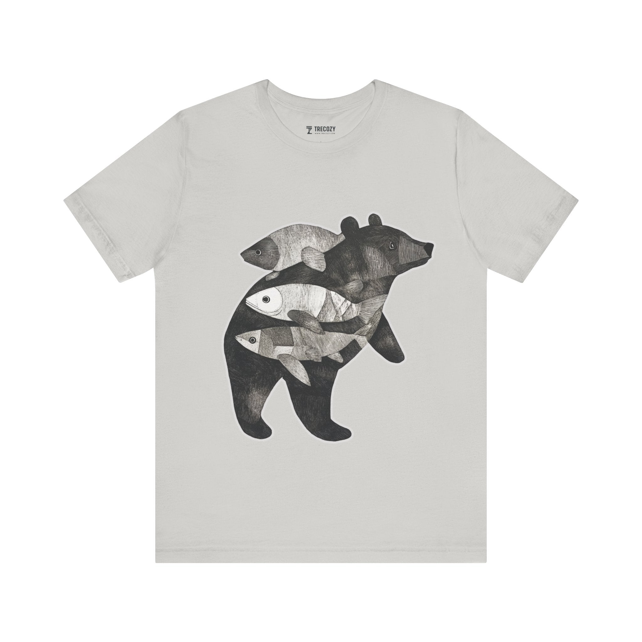 Bear & Fish – Nature T-Shirt, Artisan Wildlife Graphic Tee, Bear Graphic T-Shirt, Wildlife Lover Shirt