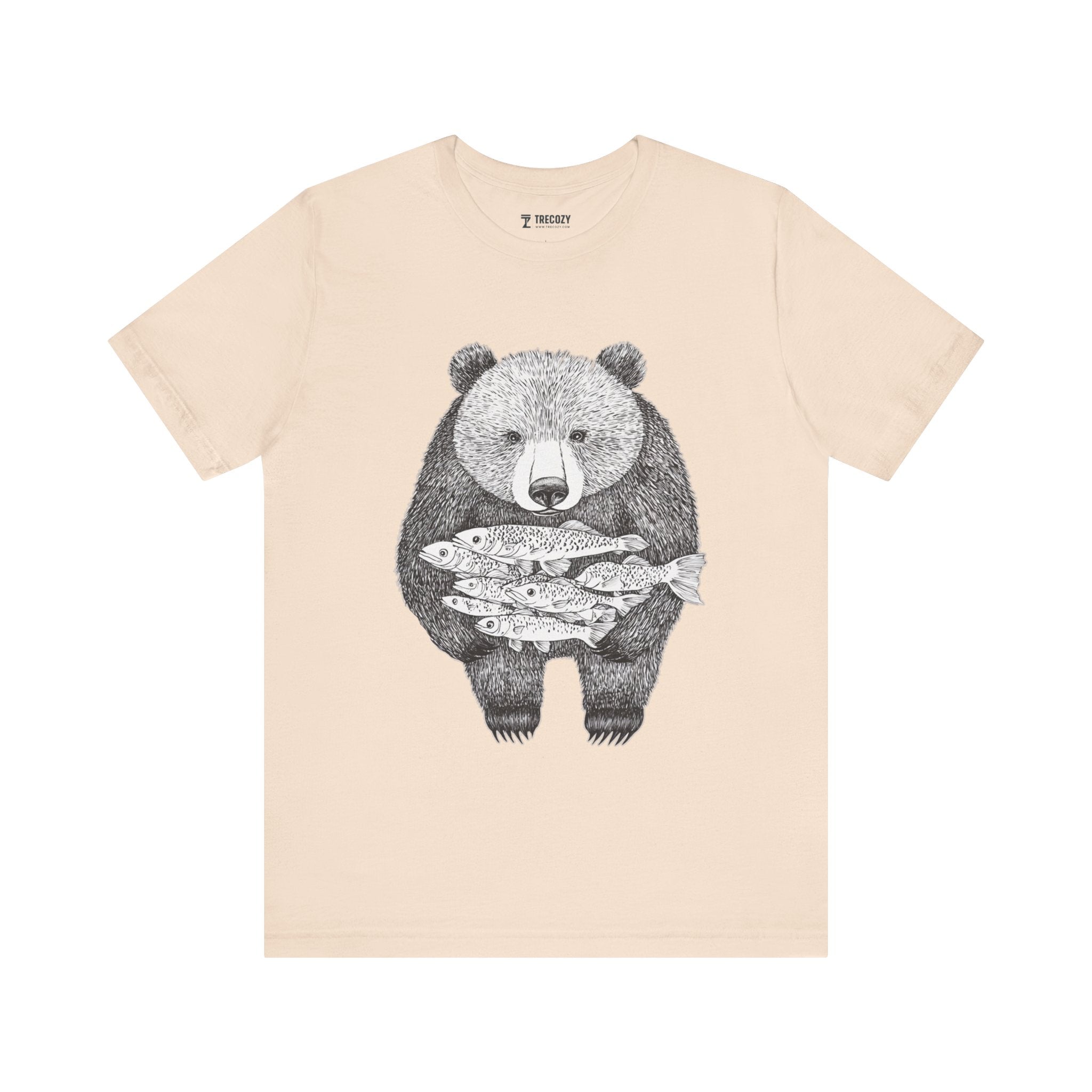 Bear with Fish Catch – Hand-Drawn Wildlife T-Shirt, Rustic Nature Graphic Tee, Artisan Wildlife Graphic Tee