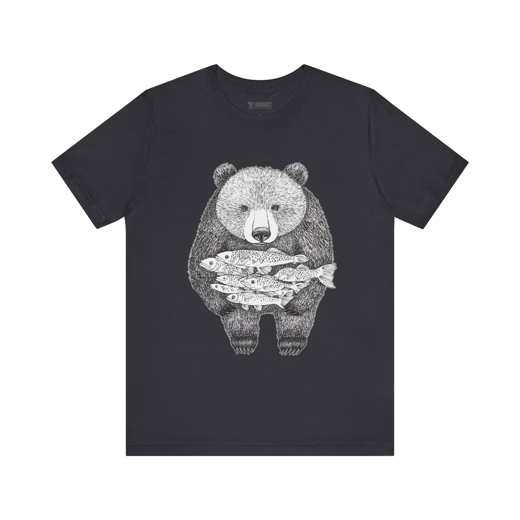 Bear with Fish Catch – Hand-Drawn Wildlife T-Shirt, Rustic Nature Graphic Tee, Artisan Wildlife Graphic Tee