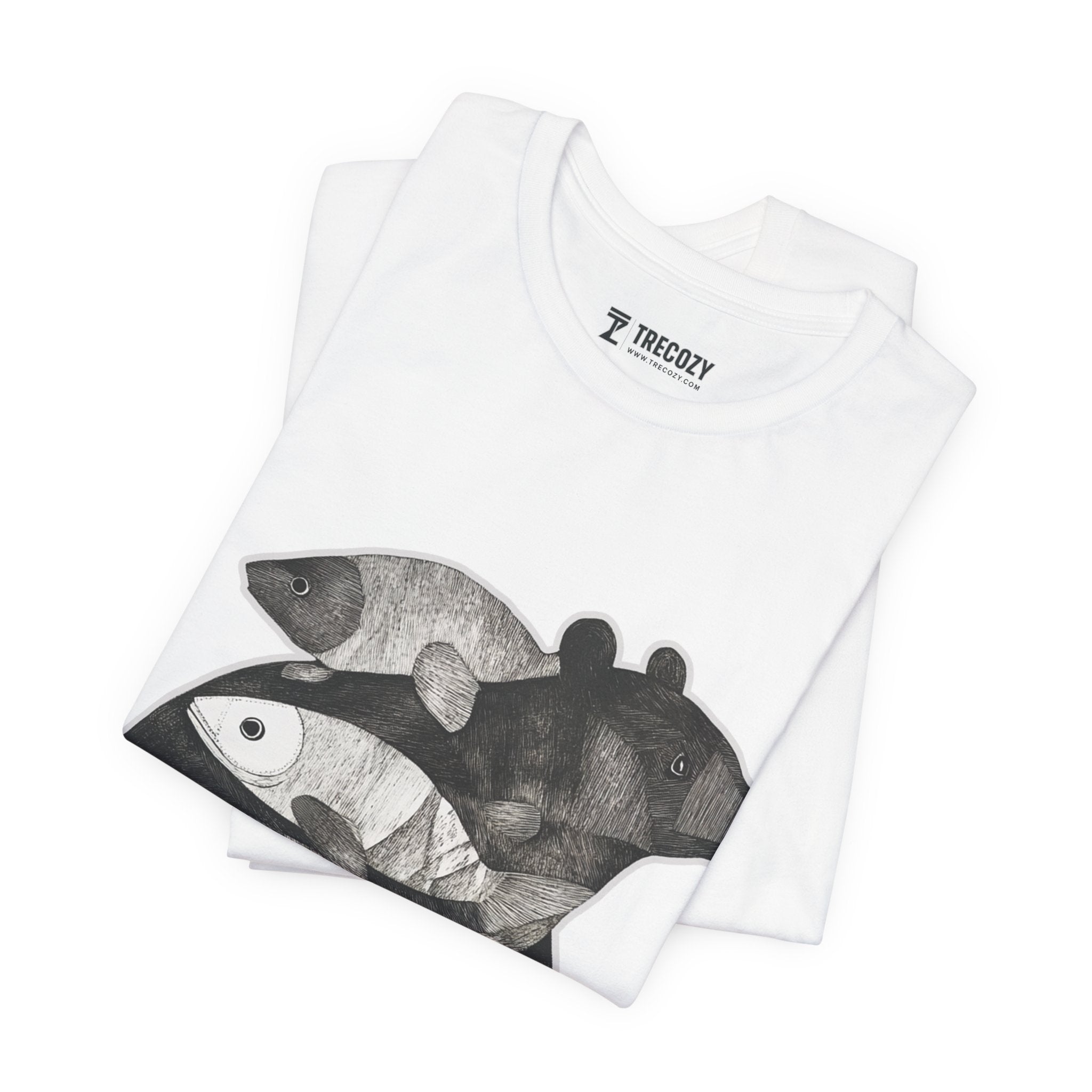 Bear & Fish – Nature T-Shirt, Artisan Wildlife Graphic Tee, Bear Graphic T-Shirt, Wildlife Lover Shirt