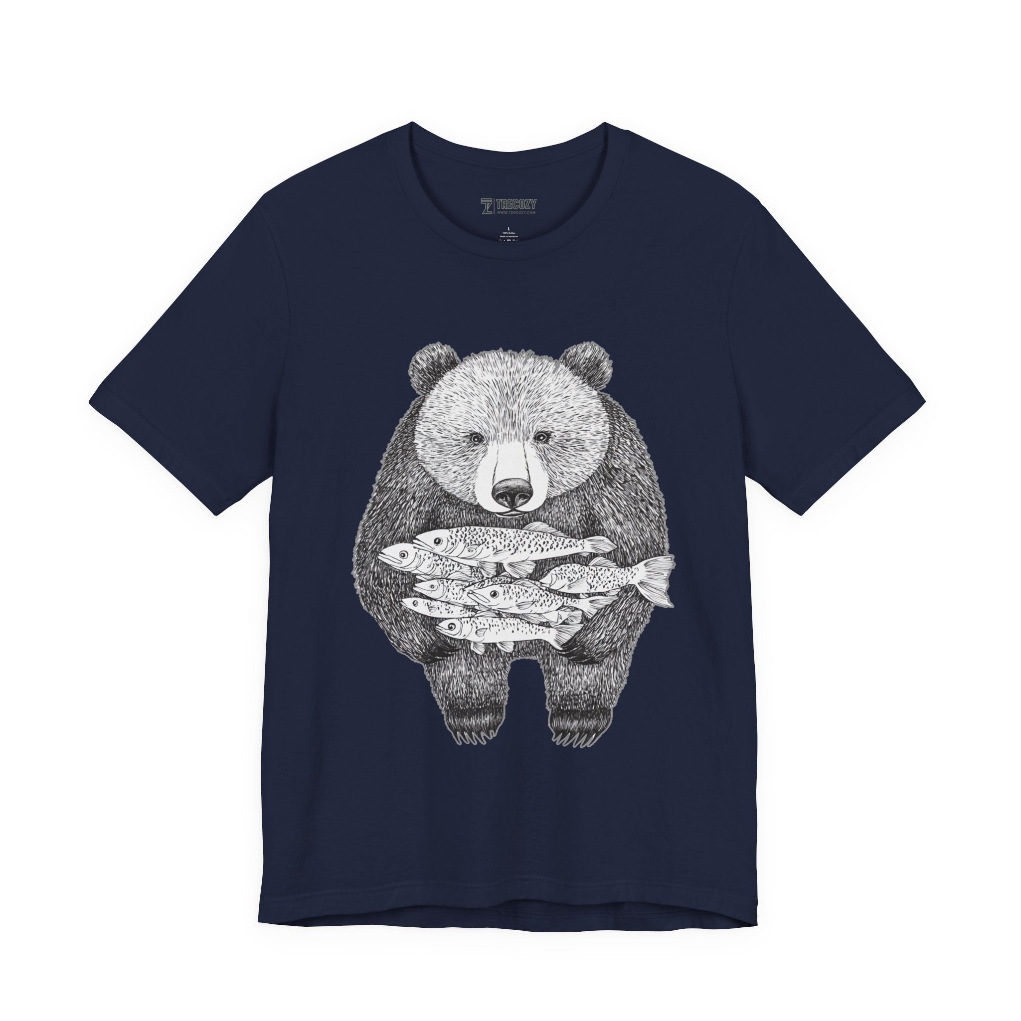 Bear with Fish Catch – Hand-Drawn Wildlife T-Shirt, Rustic Nature Graphic Tee, Artisan Wildlife Graphic Tee