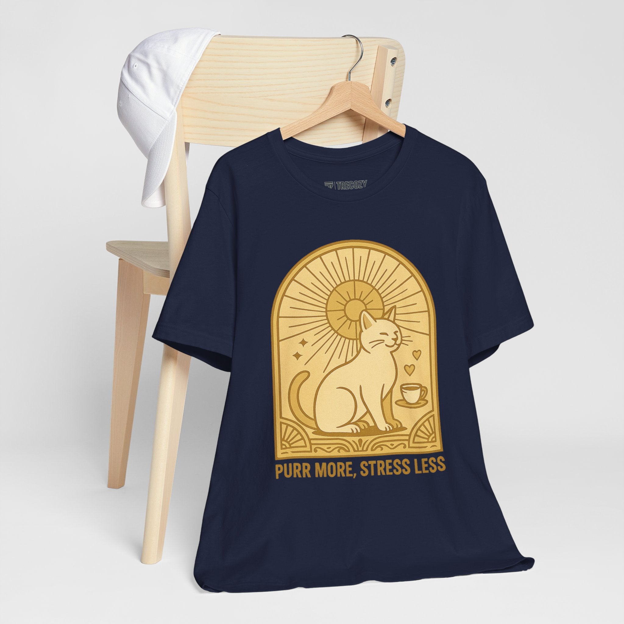 Purr More Stress Less Cat Tee, Cozy Cat Lover Shirt, Gift for Pet Owners, Cute Animal Top, Cat with Coffee