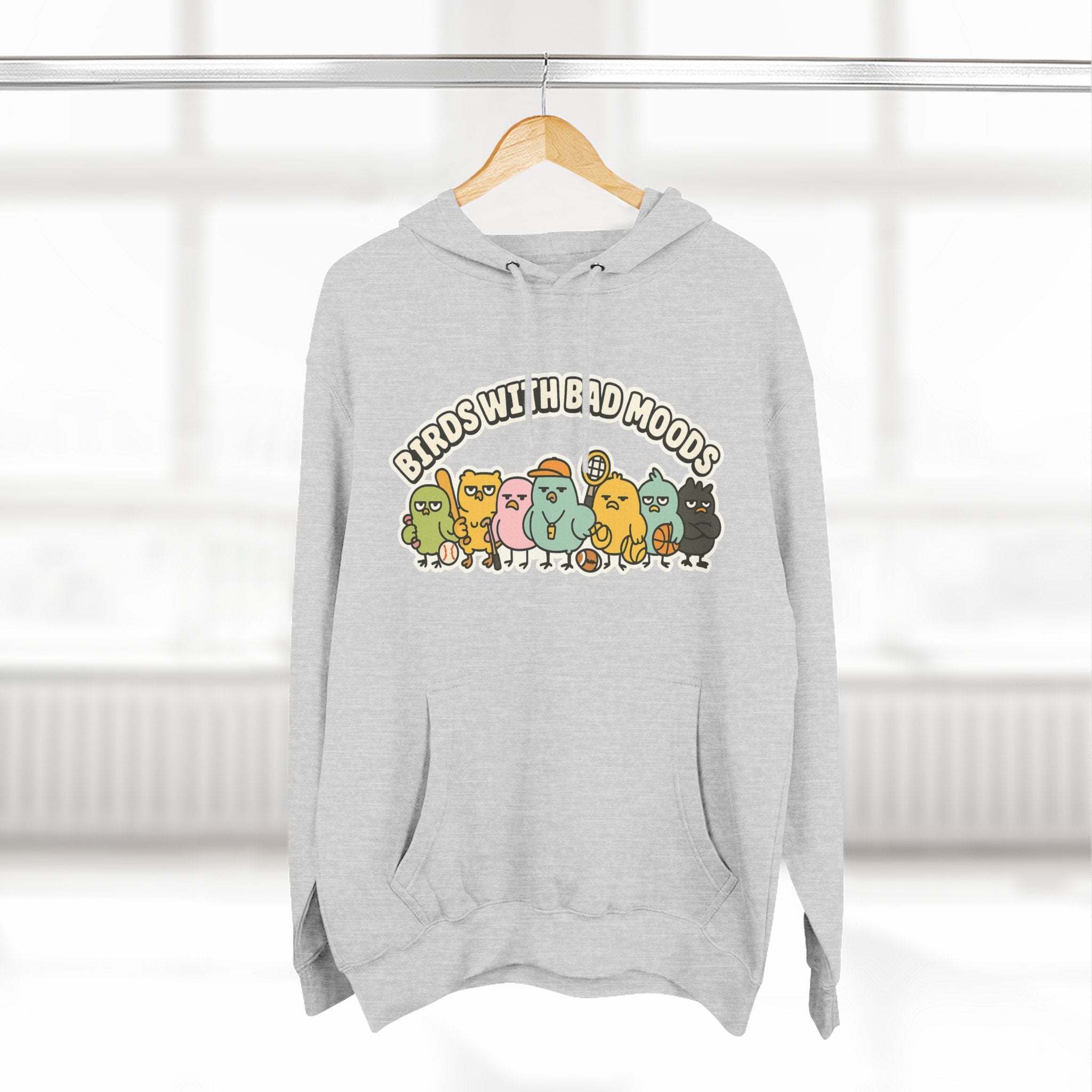 Birds with Bad Moods Adorable Fleece Hoodie, Cozy Sweatshirt, Relaxed Apparel, Gift for Friends, Casual Wear, Chill Hoodie